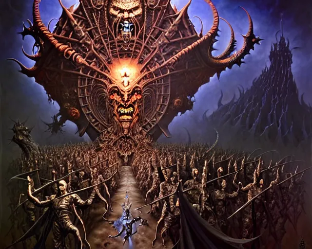 Prompt: the army of darkness and devils, fantasy character portrait made of fractals facing each other, ultra realistic, wide angle, intricate details, the fifth element artifacts, highly detailed by peter mohrbacher, hajime sorayama, wayne barlowe, boris vallejo, aaron horkey, gaston bussiere, craig mullins