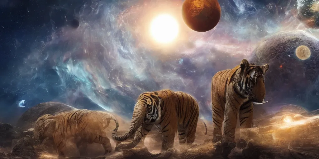 Image similar to planet - sized tiger elephant in space, next to the sun and stars, cosmic, very wide shot, epic composition, hyper detailed, digital art, trending in artstation, cinematic lighting, studio quality, unreal engine 5 rendered, art style by klimt and nixeu and ian sprigger and wlop and krenz cushart