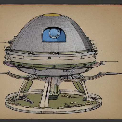 Image similar to vintage, detailed, colored sketch of ufo construction, all parts, with full descriptions, on parchment