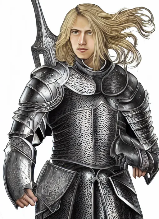 Image similar to handsome young knight with a beautiful face and clear skin, long blond hair, wearing an intricate and detailed plate armor, no helmet, high resolution, clear image, digital art, studio photo, 4 k, clear lines