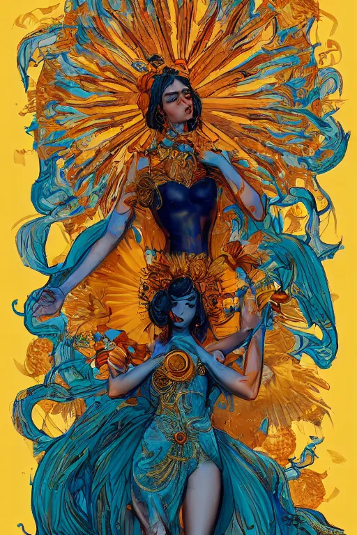 Image similar to beautiful goddess of the sun in the style of James Jean, trending on artstation, artstationHD, artstationHQ, unreal engine, 4k, 8k