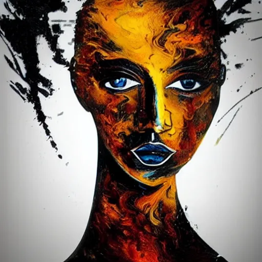 Prompt: abstract art with swirly black liquid acrylic paint and beautiful female face, beautiful color composition, warm colors, black details, sculpture, dark mood