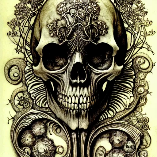 Image similar to memento mori by arthur rackham, detailed, art nouveau, gothic, ornately carved beautiful skull dominant, intricately carved antique bone, art nouveau botanicals, ornamental bone carvings, art forms of nature by ernst haeckel, horizontal symmetry, arthur rackham, ernst haeckel