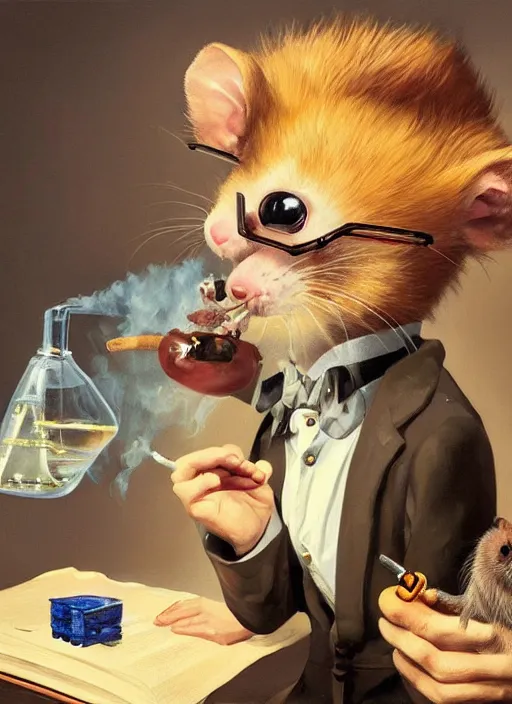 Image similar to oil painting of a cute pet rat dressed as an english professor smoking a pipe, giving a lecture in a university chemistry lab, digital art, artstation, fantasy, cinematic, fine details by realistic shaded lighting poster by ilya kuvshinov katsuhiro otomo, magali villeneuve, artgerm, jeremy lipkin and michael garmash and rob rey