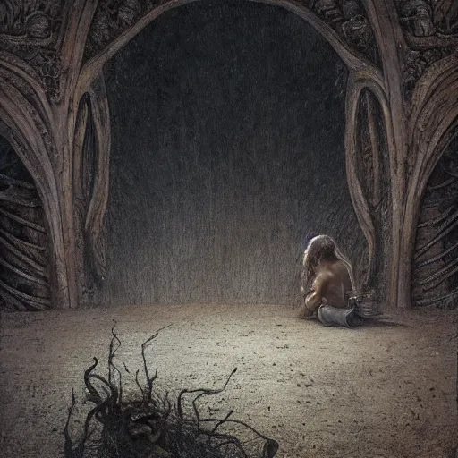 Image similar to a lost soul, regretting the past, missing the past, feeling lonely. artwork, detailed painting, 3d, 4k, trending on artstation, CGSociety, Xenomorph, H.R Geiger. a masterpiece by Gustave Dore and Santiago Caruso and Mikalojus Konstantin and Ciurlionis