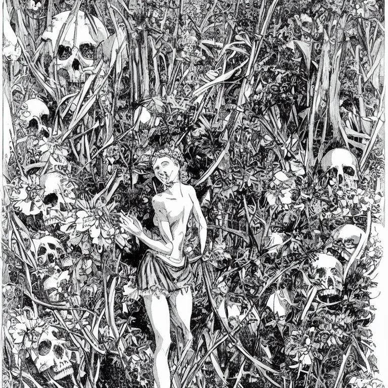 Image similar to a walther caspari illustration in lustige blatter in 1 8 9 9 of a young goddess peering from behind an enormous conical pile of skulls with huge flowers on tall stalks behind her, manga style of kentaro miura
