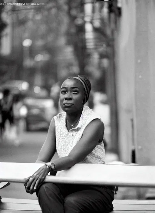 Prompt: a 35mm photograph of a woman sitting on a bench in Harlem, New York City in the 1960's at sunset, bokeh, Canon 50mm, cinematic lighting, photography, retro, film, Kodachrome, award-winning, rule of thirds, golden hour