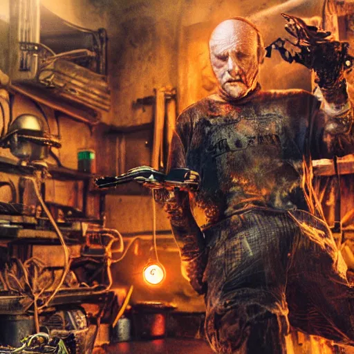 Prompt: half rusted old egg beater half stun - gun, balding older cyborg repairing, red hot soldering iron, dark messy smoke - filled cluttered workshop, dark, dramatic lighting, orange tint, cinematic, highly detailed, sci - fi, futuristic, movie still from blade runner