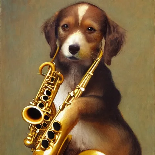 Image similar to a dog plays the saxophone, oil on canvas, 1 8 8 3, highly detailed