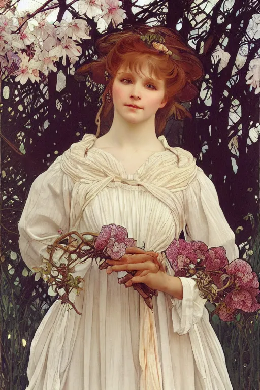 Prompt: realistic detailed full portrait of a cottagecore flowergirl in simple traditional modest amish dress by Alphonse Mucha, Ayami Kojima, Amano, Charlie Bowater, Karol Bak, Greg Hildebrandt, Jean Delville, and Mark Brooks