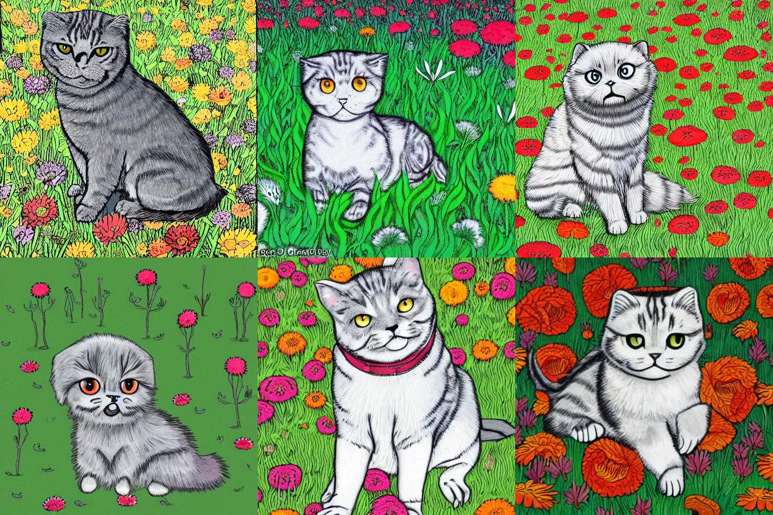 Prompt: a gray scottish fold sitting in the middle of sunny meadow, colored, rich colors, by junji ito