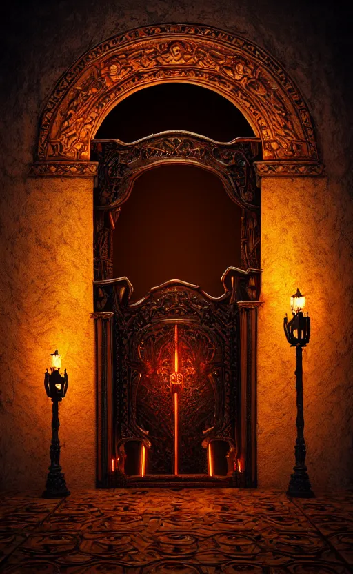 Image similar to a ornamental gate into hell, ornament, intarsia, portal, doorway, dynamic lighting, ambient lighting, atmospherical, photorealistic fantasy concept art, trending on art station, stunning visuals, creative, cinematic, ultra detailed