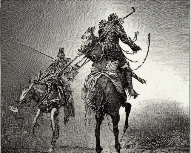 Prompt: “An engraving of Don Quixote illustrated by Gustave Doré”