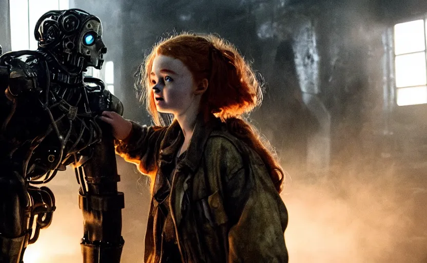 Prompt: machine monster grabs sadie sink dressed as a miner : a scifi cyberpunk film from 1 9 8 0 s. by james cameron. 1 6 mm low grain film stock. sharp focus, moody cinematic atmosphere, detailed and intricate environment