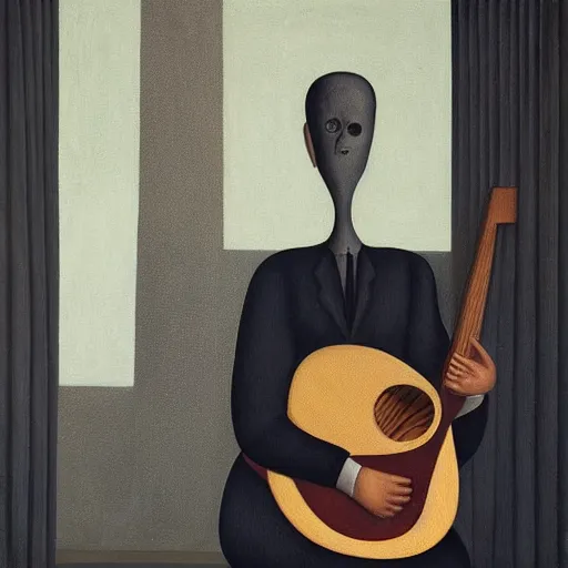 Prompt: a painting of a man playing the guitar by gertrude abercrombie. precisionism, surrealism, dark, low contrast, featured on pixiv, art on instagram, detailed painting