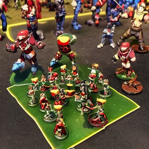 Image similar to blood bowl match in miyazaki anime, elves versus humans, intense, many casualties, dice everywhere