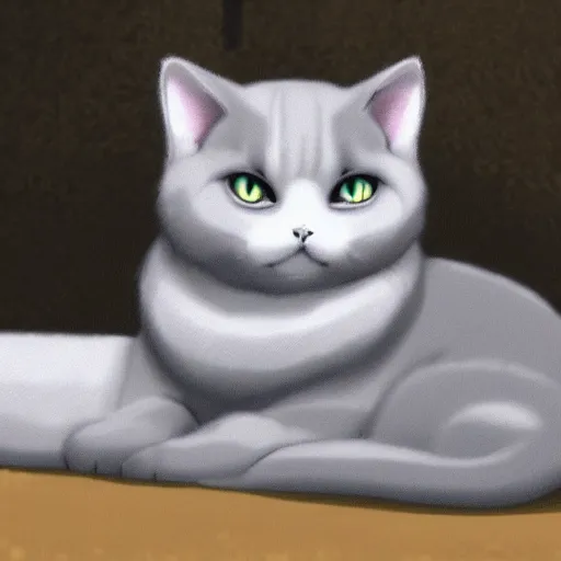 Prompt: grey and white British Shorthair in the style of studio Ghibli