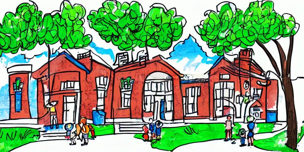 Prompt: school exterior, children's hand drawn illustration