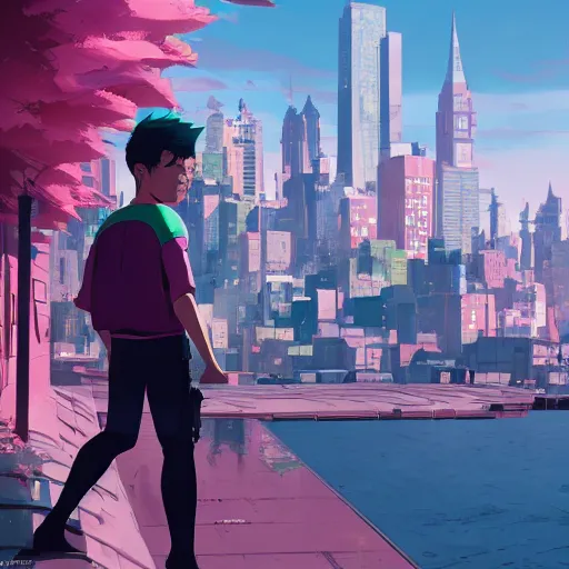 Image similar to damian wayne with pink haired friend, city landscape, Gotham, artstation, highly detailed, by makoto shinkai and thomas kindle and James gilleard