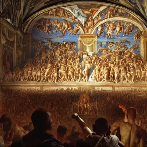 Prompt: the sistine chapel breaks in half as a portal from hell opens up, lucifer morningster emerges along with hordes of demons, the terrified priests and the pope look at the scene with terror in their eyes. highly detailed painting by gaston bussiere, greg rutkowski, craig mullins 8 k