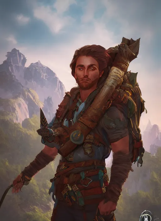 Image similar to an epic fantasy comic book style portrait painting of a fantasy explorer in the wilds with a backpack and map, unreal 5, daz, hyperrealistic, octane render, cosplay, rpg portrait, dynamic lighting