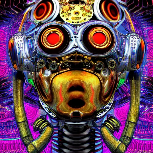 Image similar to hyperdetailed portrait of a psychedelic steampunk robot head, 8 k, symetrical, halluzinogenic, meditative, black background