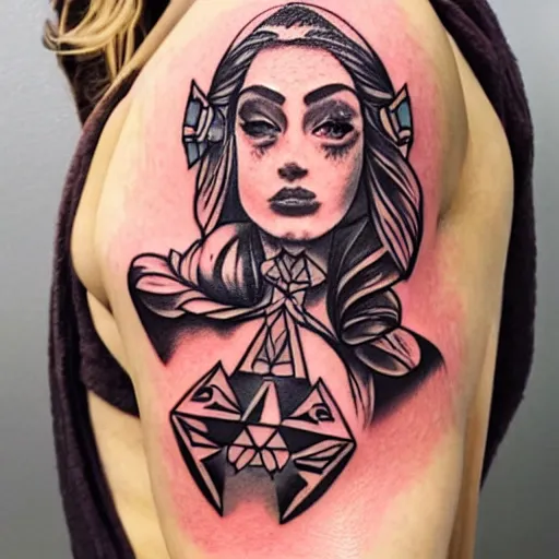 Prompt: tattoo design, stencil, portrait of princess zelda in a bikini by artgerm, symmetrical face, beautiful, triforce