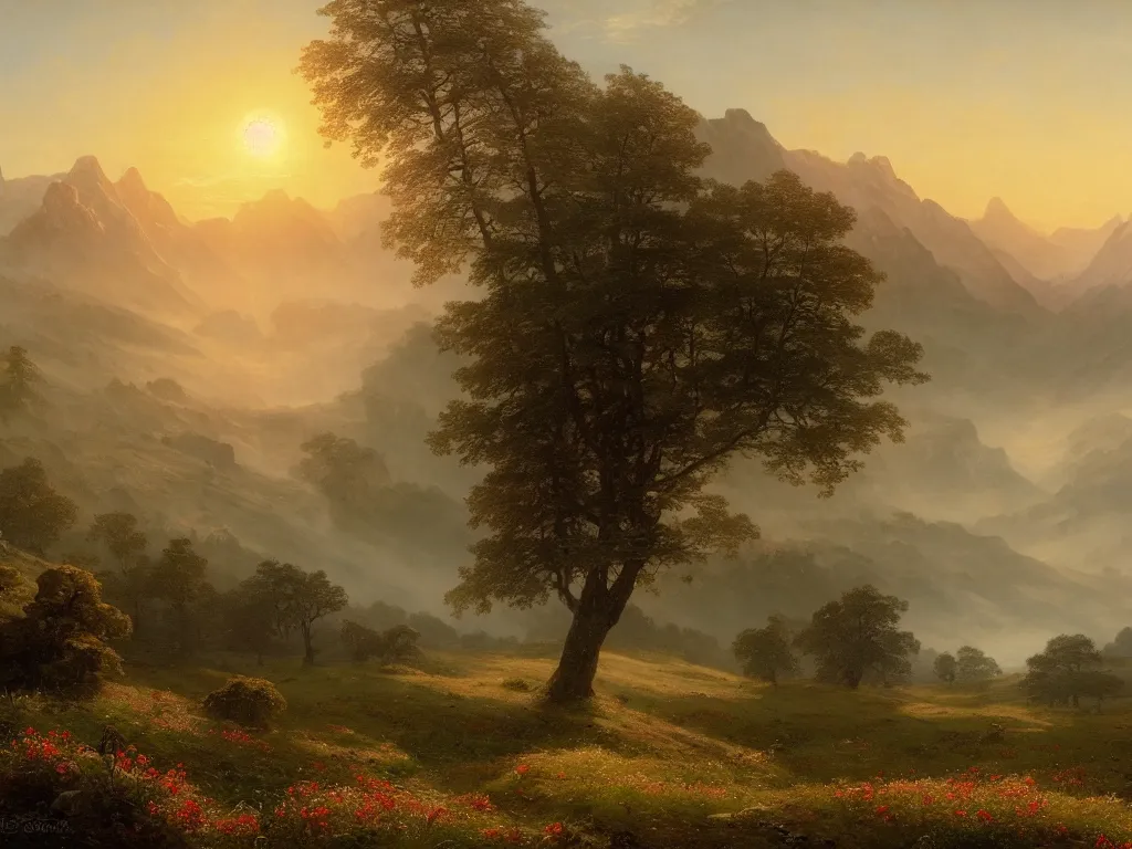 Image similar to epic landscape with rolling hills, groups of old trees with flower meadows and misty mountains with snowy tops in the far background in the light of a beautifyl sunrise by alexandre calame and bob ross, godrays, golden ratio, velvia 5 0, large format camera, artstation, vray render