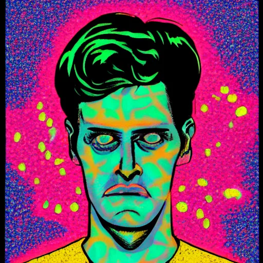 Image similar to a portrait of a beautiful psycho king in a holographic room, in the style of daniel clowes