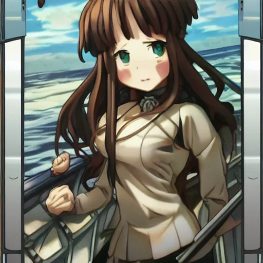 Image similar to shipgirl, trading card front, anime style, long hair, hair down, symmetrical facial features, green eyes, from kancolle, hyper realistic, pale skin, 4k, rule of thirds, extreme detail, detailed drawing, trending artstation, hd, fantasy, D&D, realistic lighting, by Alphonse Mucha, Greg Rutkowski, sharp focus, backlit, sailor clothing