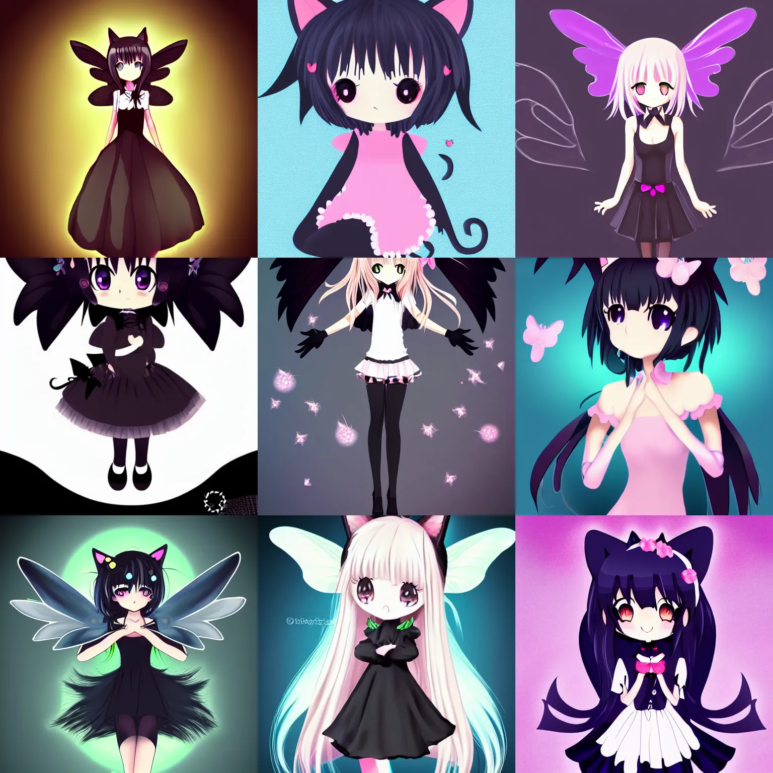 Image similar to cute, full body, female, anime style, a salem black cat girl with fairy wings, large eyes, beautiful lighting, sharp focus, simple background, creative