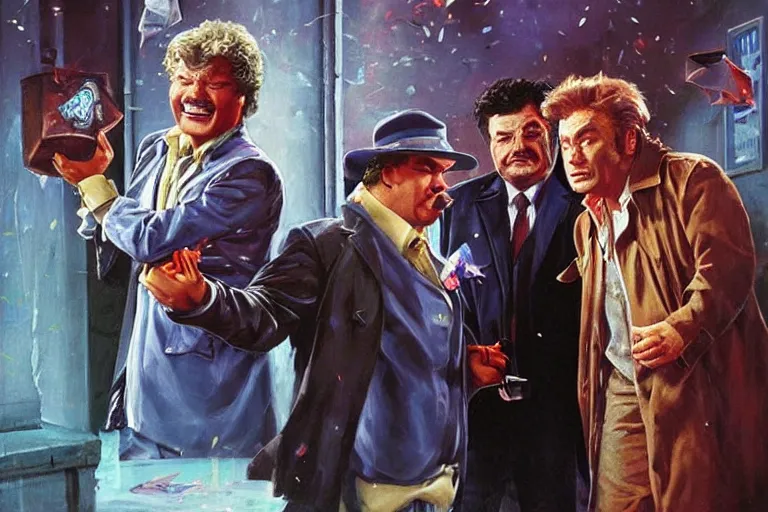 Prompt: portrait of rip taylor throwing confetti while peter falk as detective columbo im trenchcoat solves a case, an oil painting by ross tran and thomas kincade