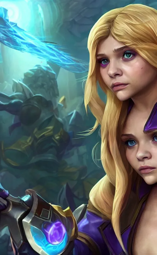 Image similar to Chloë Grace Moretz as a character in the game League of Legends, with a background based on the game League of Legends, detailed face, old 3d graphics