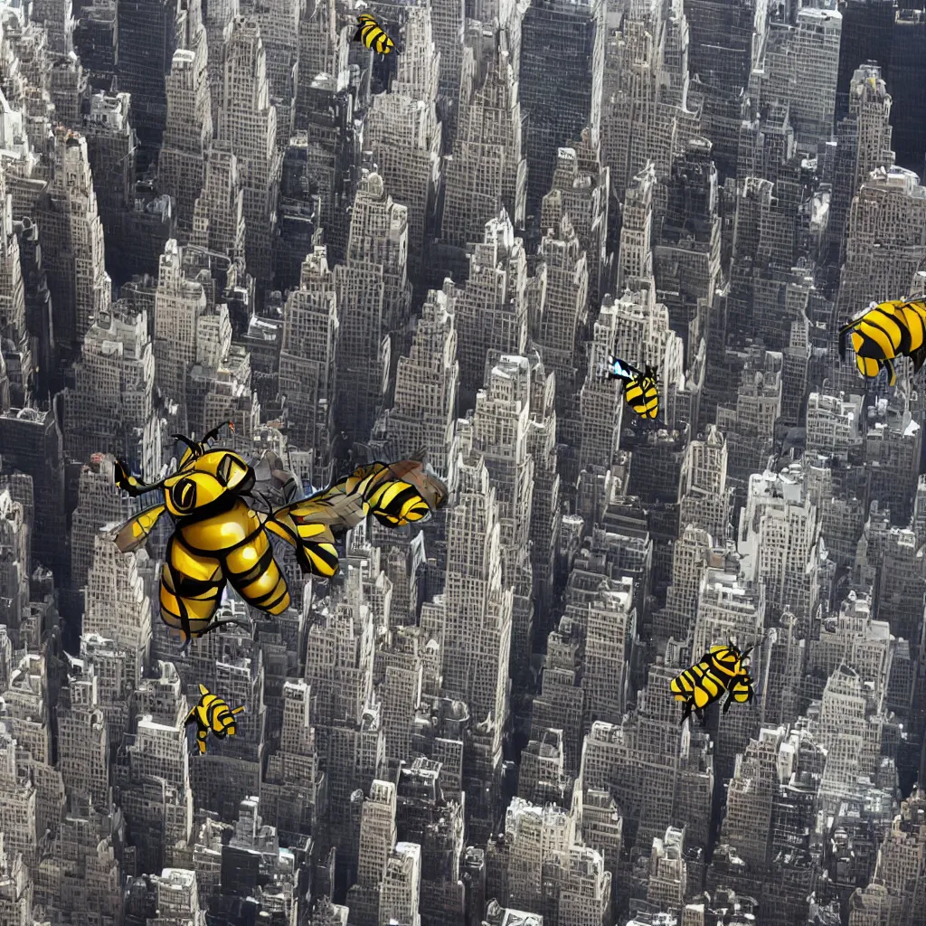 Prompt: giant mecha bee attacking new york