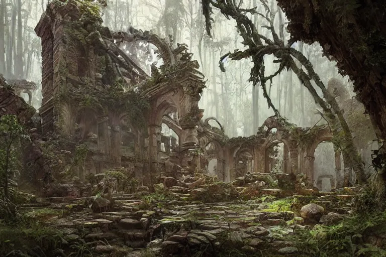 Image similar to painting of sacred ancient cursed ruins, forest, concept art, intricate details, eerie, highly detailed, photorealistic, octane render, 8 k, unreal engine. art by artgerm and greg rutkowski and alphonse mucha