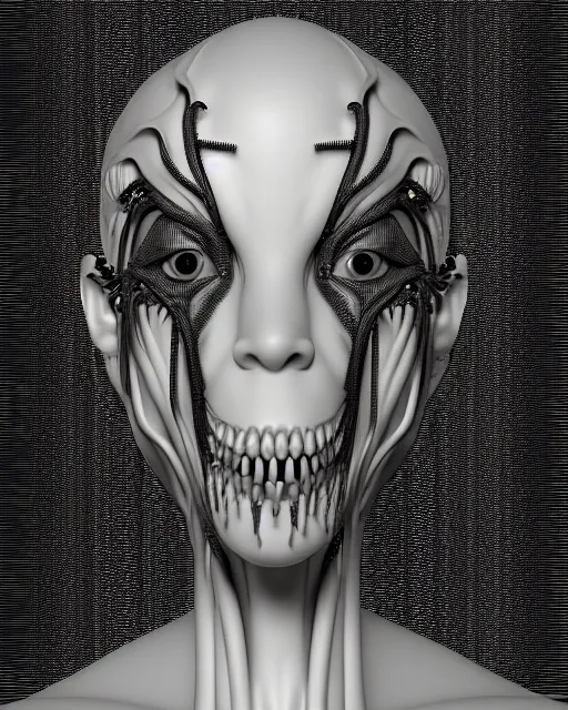 Prompt: a black and white 3D render of a young beautiful female queen-dragon-cyborg bust with a very long neck and a partial Mandelbrot fractal face, anatomical, flesh, facial muscles, veins, arteries, elegant, highly detailed, flesh highly ornate, cable wires, elegant, high fashion, rim light, octane render, in the style of H.R. Giger, Realistic, Refined, Digital Art, Highly Detailed, Cinematic Lighting, rim light, black and white, photo-realistic, 8K