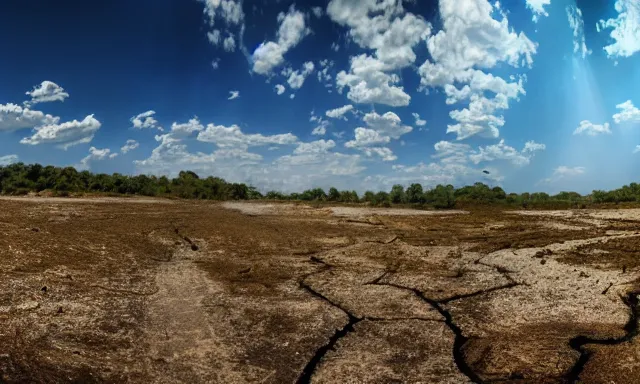 Image similar to panorama of big raindrops flying upwards into the perfect cloudless blue sky from a dried up river in a desolate land, dead trees, blue sky, hot and sunny highly-detailed, elegant, dramatic lighting, artstation, 4k, cinematic landscape, photograph by National Geographic