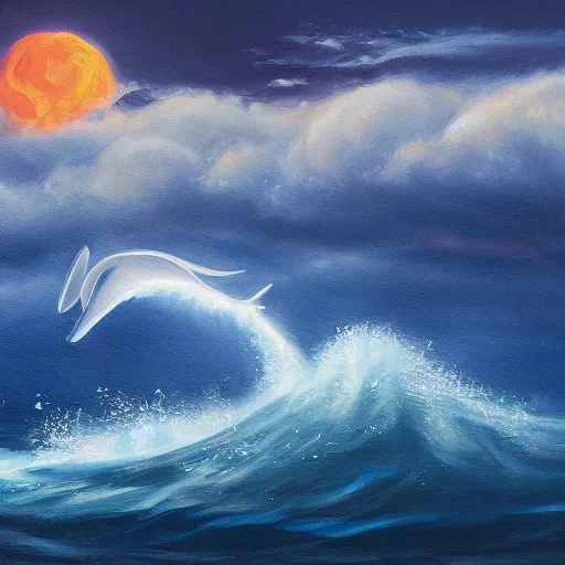 Image similar to a blue whale jumping in a storm in the ocean, full moon, blue light, oil painting