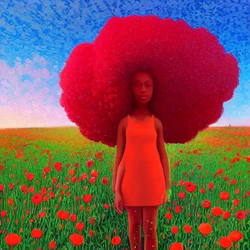 Image similar to girl with afro made of red flower, standing in a field with flowers, surreal photography, hills, big trees, sunrise dramatic light, impressionist painting, colorful clouds, digital painting, pointillism, artstation, simon stalenhag