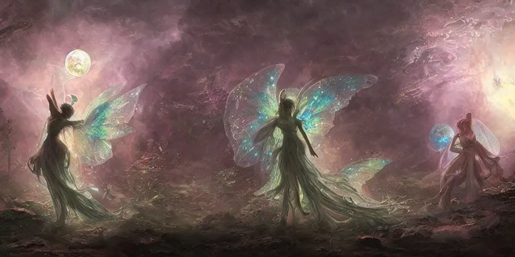 Image similar to concept art of translucent glowing fairies dancing, lovecraftian, renaissance, melting, round moon, rich clouds, fighting the horrors of the unknown, very detailed, volumetric light, mist, fine art, decaying, textured oil over canvas, epic fantasy art, very colorful, ornate intricate scales