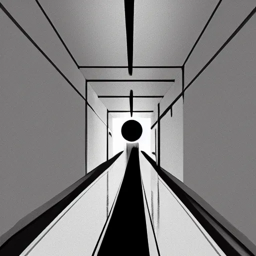 Prompt: a solemn simulacrum, standing inside an infinite corridor, trending on artstation, abstract black and white painting