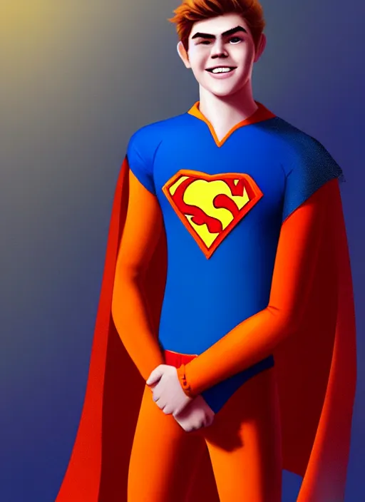 Image similar to friendly teenage archie andrews wearing an orange superhero costume with heart logo, freckles, pureheart the powerful, heart emblem on chest, blue cape, intricate, elegant, glowing lights, highly detailed, digital painting, artstation, sharp focus, illustration, art by wlop, mars ravelo and greg rutkowski