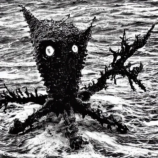 Image similar to nightmare monster emerging from sea surface, but monster is dendritic