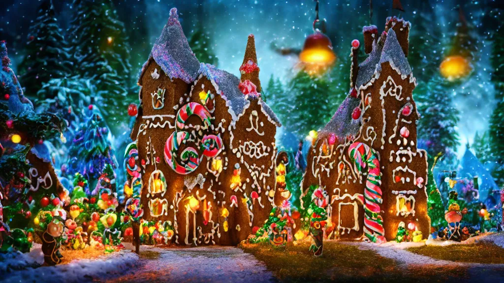 Prompt: gingerbread candy village, colorful, fantasy, fairytale, intricate, forest, fireflies, flowers, halloween, christmas, hansel and gretel, bokeh, medium shot, visually stunning, depth of field 1 0 0 mm ( cinematic scene, studio lighting, unreal engine, octane render, trending on artstation, artgerm, cgsociety )