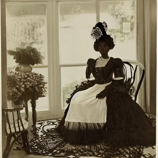 Prompt: fantasy, glow, shimmer, beautiful black victorian woman in a long white frilly lace dress and a large white hat, cow hoof feet, having tea in a sunroom