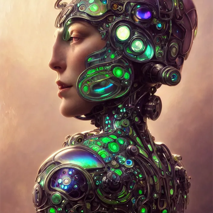 Image similar to organic cyborg, iridescent bettle, diffuse lighting, fantasy, intricate, elegant, highly detailed, lifelike, photorealistic, digital painting, artstation, illustration, concept art, smooth, sharp focus, art by john collier and albert aublet and krenz cushart and artem demura and alphonse mucha