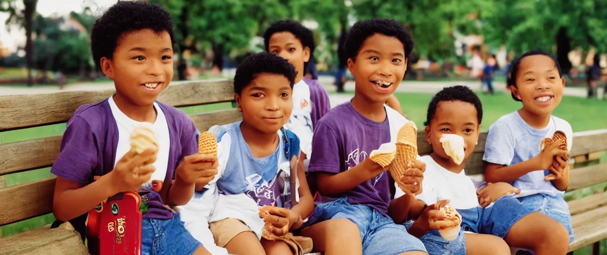 Prompt: a photograph for advertising of multicultural kids on a bench eating ice cream shot by annie leibovitz, shallow depth of field, background school yard, kodak porto 4 0 0 film stock, zeiss 8 5 mm f 1. 2 color corrected and pts processed