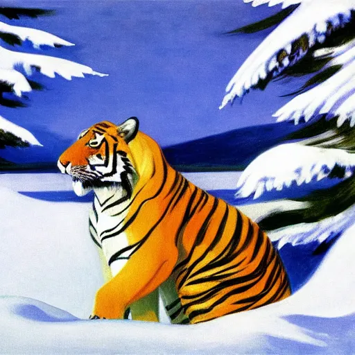 Prompt: tiger in snow by Edward hopper