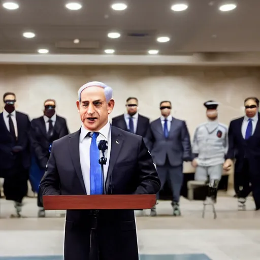 Prompt: photograph of Benjamin Netanyahu giving a speech while bodyguards wearing suits and medical masks are standing behind him ,a podium is in front of him, cinematic lighting, official media, HQ, 4K, news photography