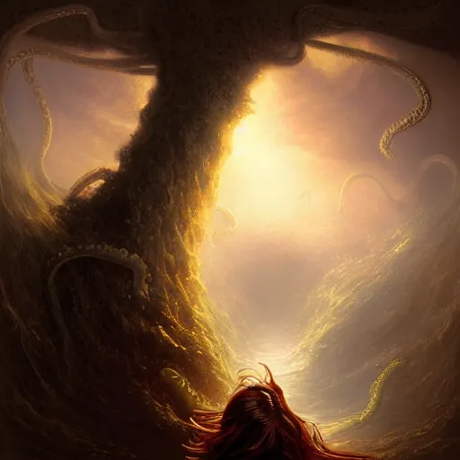 Prompt: little girl coming out of the abyss surrounded by tentacles, art by thomas cole, highly detailed, digital painting, artstaion, smooth, sharp, focus, illustration, art by artgerm